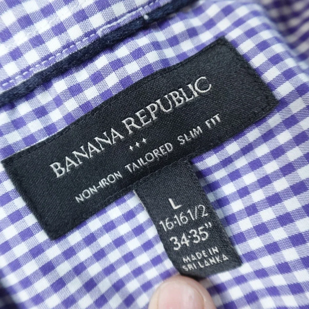Banana Republic Shirt Mens L 16.5 35 Purple Gingham Slim Fit Button Up Dress Top